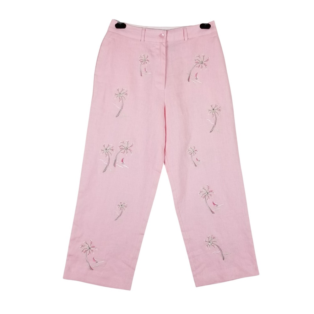 Saint Tropez West Trousers Womens 6 Pink Linen Embroidered Palm Tree Pants